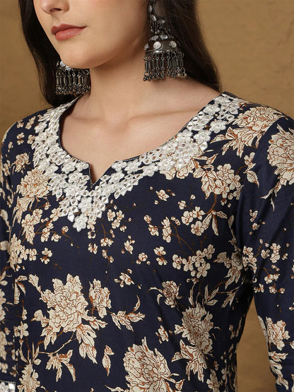 Blue Pure Cotton Printed Embroidered Kurti with palazo & Dupatta