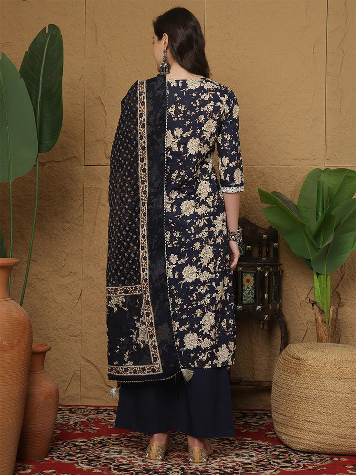Blue Pure Cotton Printed Embroidered Kurti with palazo & Dupatta