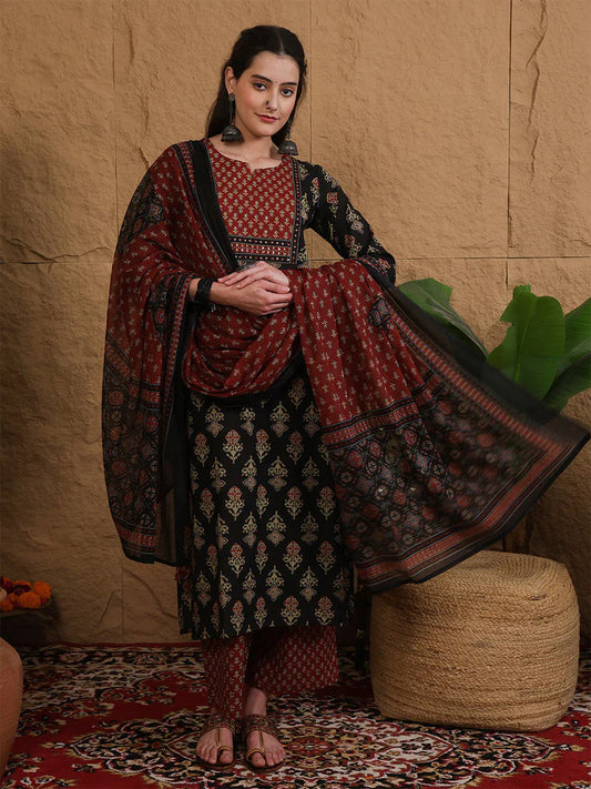 Black & Maroon Printed cotton  Kurti Set