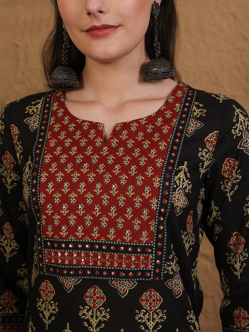 Black & Maroon Printed cotton  Kurti Set