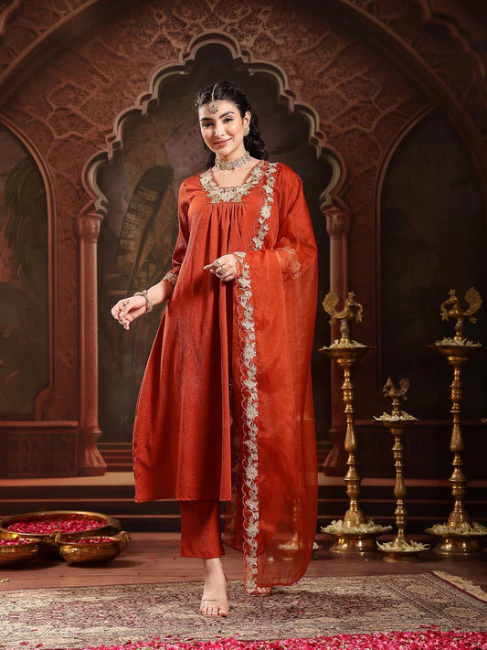 Rust Solid Embroidered Poly Crepe Kurti Pants set with Dupatta
