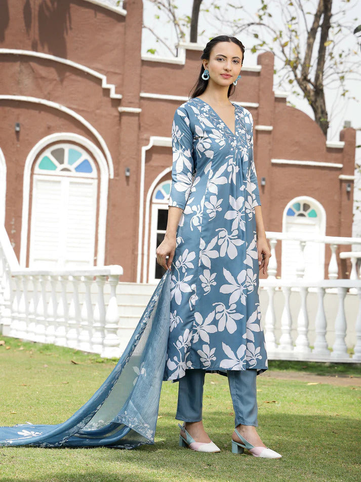 Blue White Printed Rayon Kurti Set