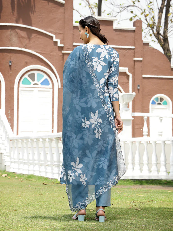 Blue White Printed Rayon Kurti Set