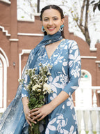 Blue White Printed Rayon Kurti Set