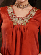 Rust Solid Embroidered Poly Crepe Kurti Pants set with Dupatta