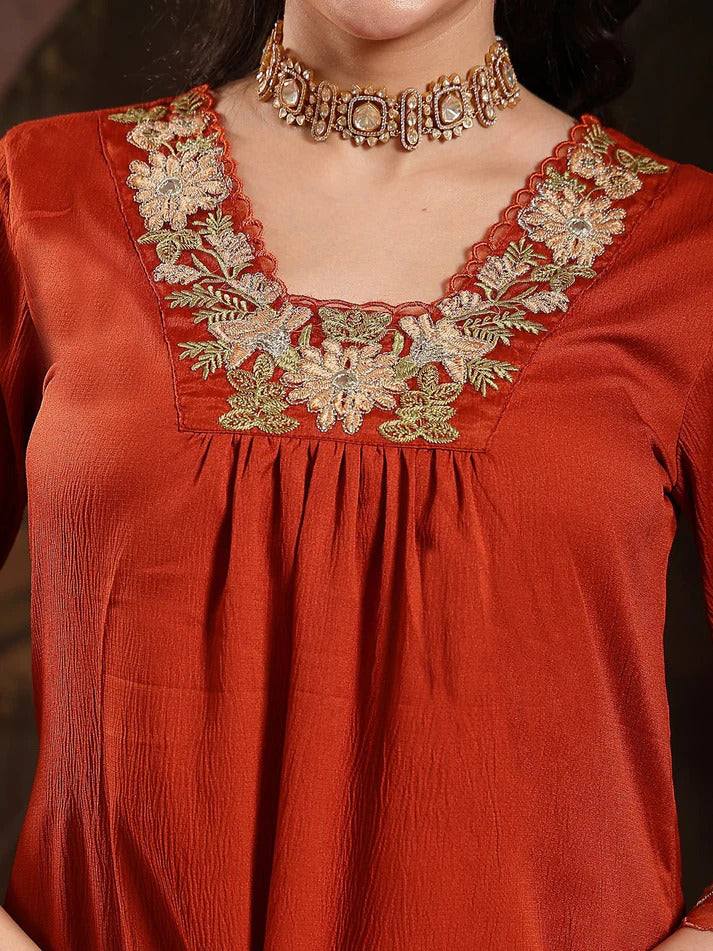 Rust Solid Embroidered Poly Crepe Kurti Pants set with Dupatta