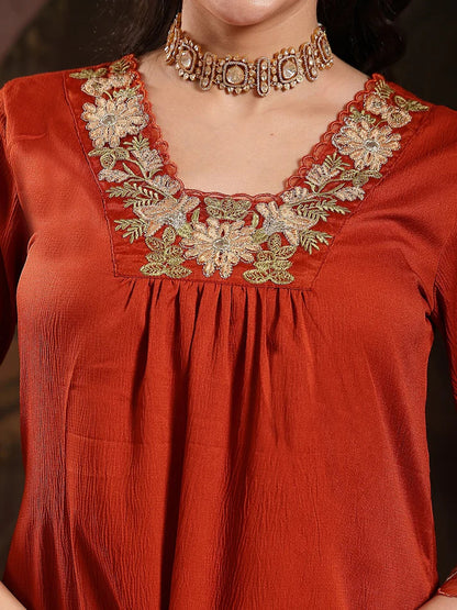 Rust Solid Embroidered Poly Crepe Kurti Pants set with Dupatta