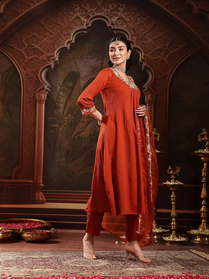 Rust Solid Embroidered Poly Crepe Kurti Pants set with Dupatta