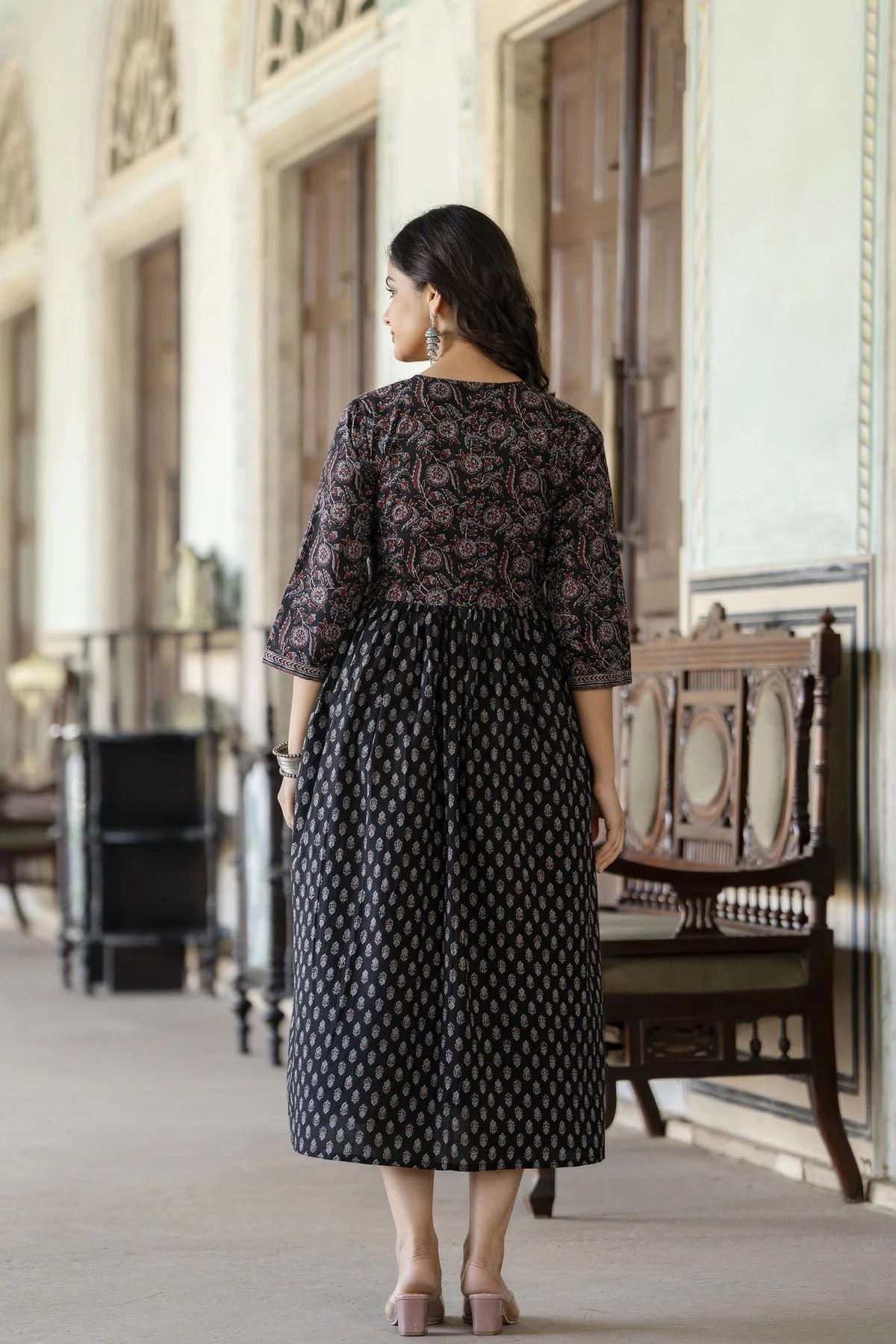 Black Ethnic printed Cotton Dress