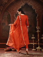 Rust Solid Embroidered Poly Crepe Kurti Pants set with Dupatta