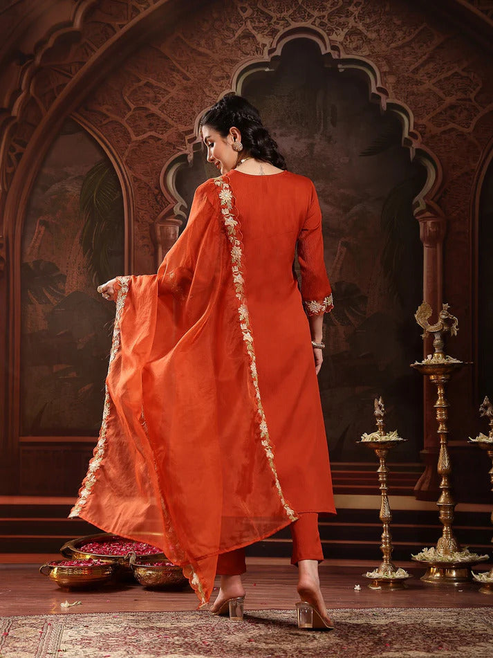 Rust Solid Embroidered Poly Crepe Kurti Pants set with Dupatta