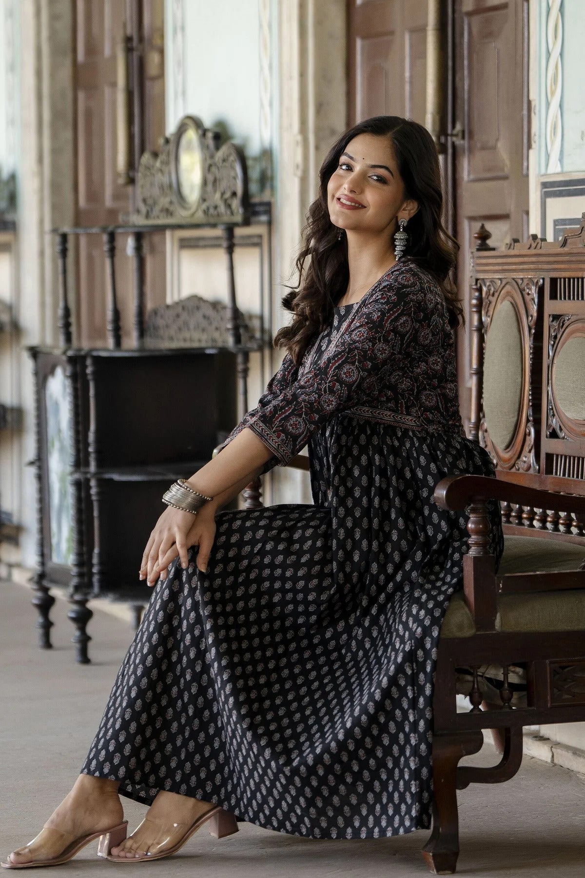 Black Ethnic printed Cotton Dress