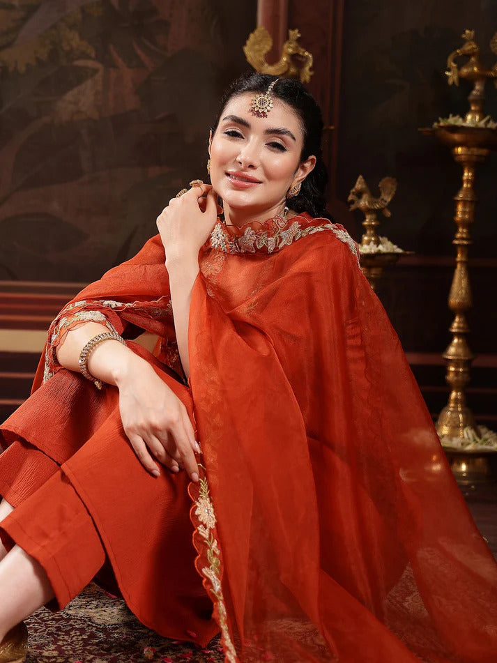 Rust Solid Embroidered Poly Crepe Kurti Pants set with Dupatta