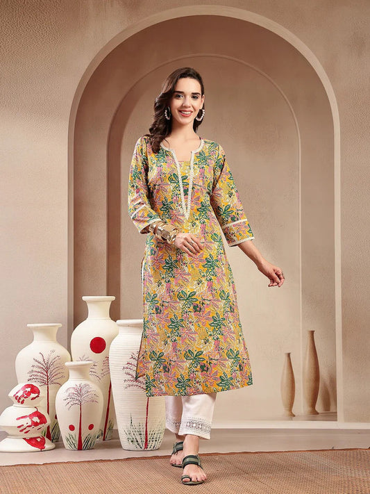 Printed cotton kurtitop with lace datailing(Top Only)