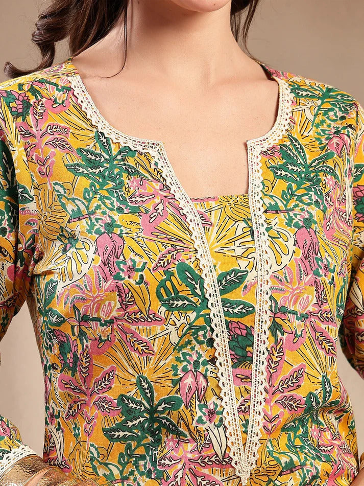 Tropical Printed cotton kurtitop with lace datailing(Top Only)