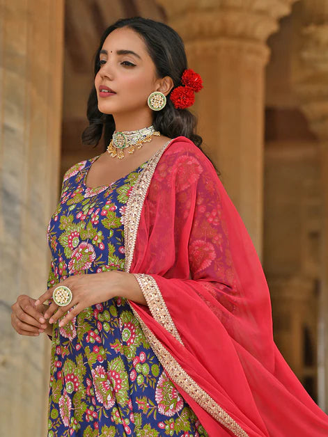 Blue Floral Printed Pure Cotton Flared Kurti With Pants & Dupatta