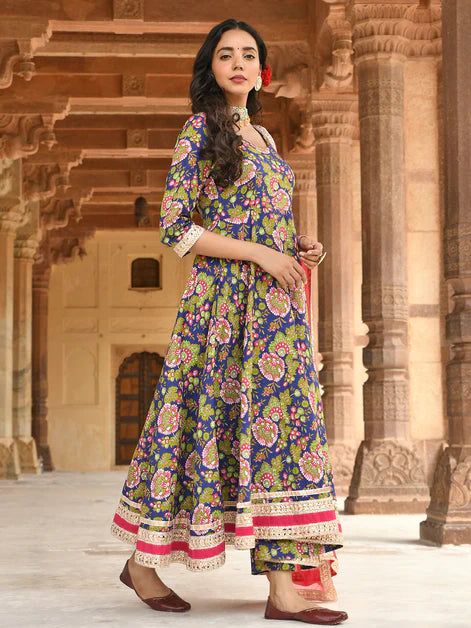Blue Floral Printed Pure Cotton Flared Kurti With Pants & Dupatta