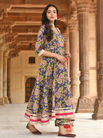 Load image into Gallery viewer, Blue Floral Printed Pure Cotton Flared Kurti With Pants &amp; Dupatta
