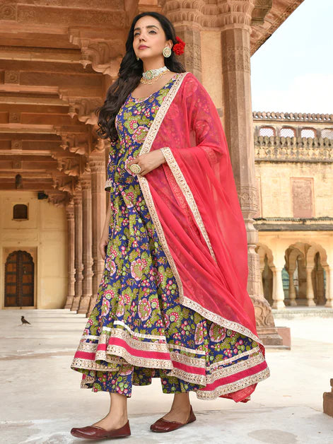 Blue Floral Printed Pure Cotton Flared Kurti With Pants & Dupatta