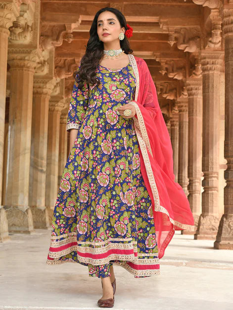 Blue Floral Printed Pure Cotton Flared Kurti With Pants & Dupatta