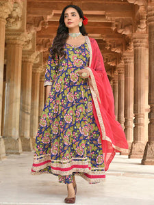 Blue Floral Printed Pure Cotton Flared Kurti With Pants & Dupatta