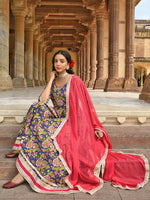 Load image into Gallery viewer, Blue Floral Printed Pure Cotton Flared Kurti With Pants &amp; Dupatta
