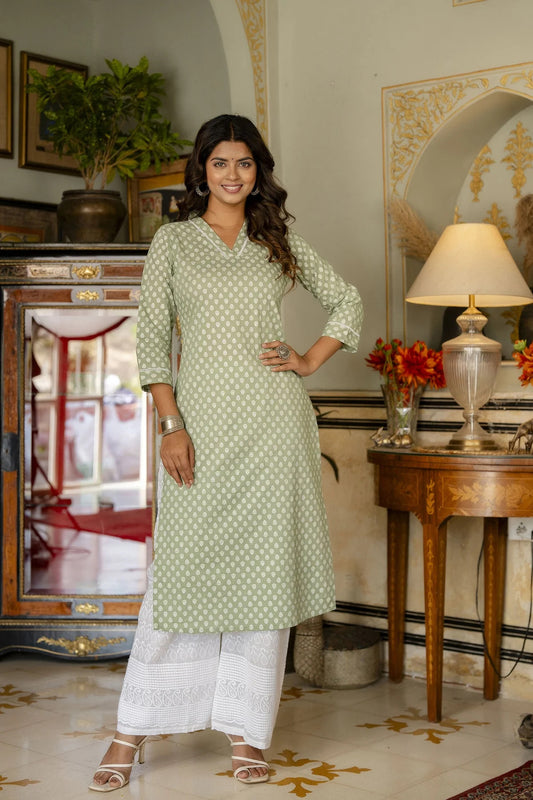 Green & White Ethnic Printed Cotton Kurti Top (Top Only)
