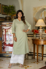 Load image into Gallery viewer, Green &amp; White Ethnic Printed Cotton Kurti Top (Top Only)
