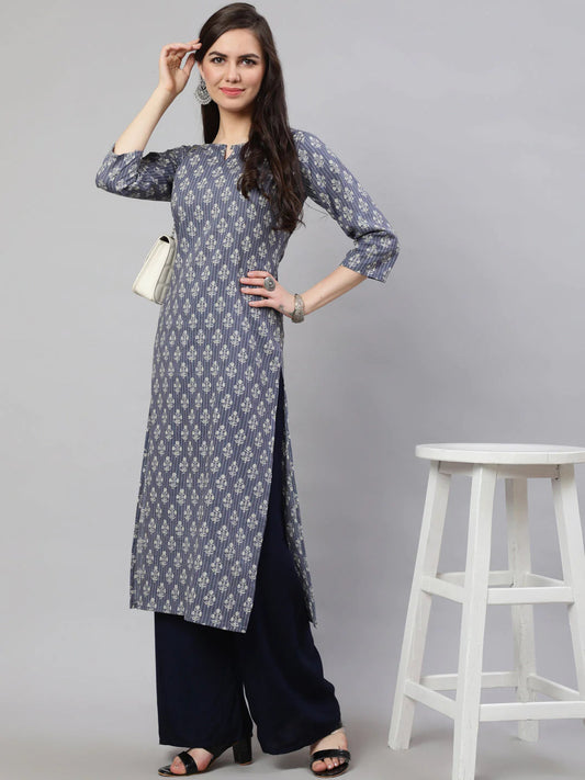 Grey & White Floral Printed Kantha Cotton Kurti Top