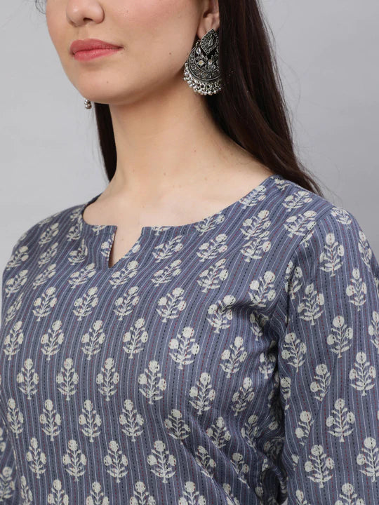 Grey & White Floral Printed Kantha Cotton Kurti Top