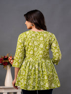 Green Floral Printed Cotton Peplum Top