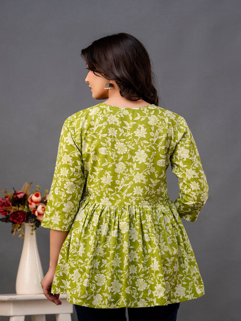 Green Floral Printed Cotton Peplum Top