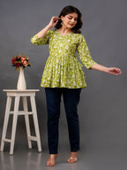 Green Floral Printed Cotton Peplum Top