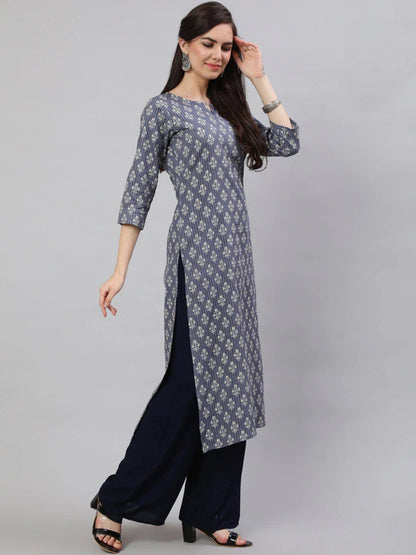 Grey & White Floral Printed Kantha Cotton Kurti Top