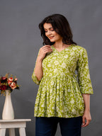 Green Floral Printed Cotton Peplum Top