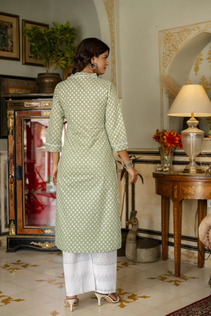 Green & White Ethnic Printed Cotton Kurti Top (Top Only)