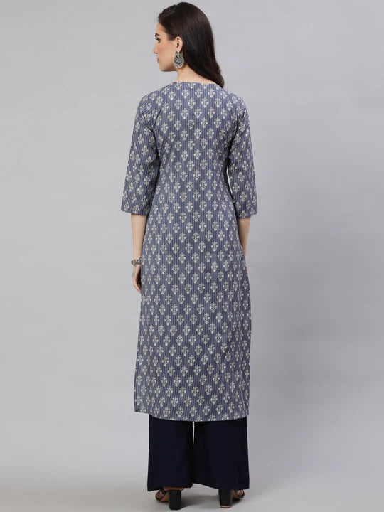 Grey & White Floral Printed Kantha Cotton Kurti Top