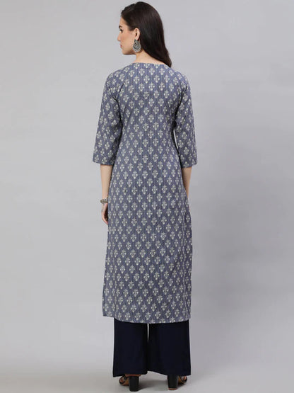 Grey & White Floral Printed Kantha Cotton Kurti Top