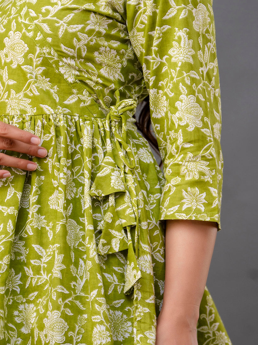 Green Floral Printed Cotton Peplum Top