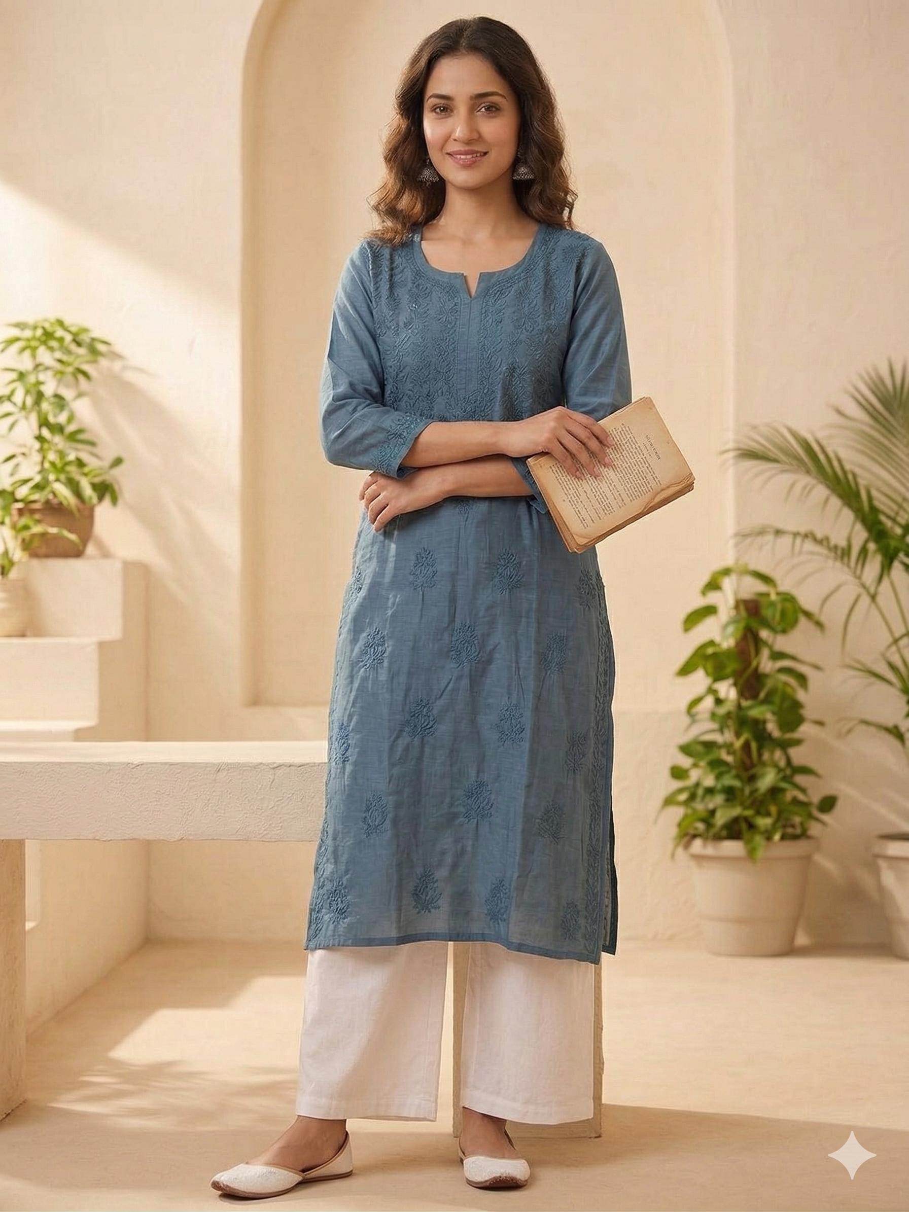 Hand Embroidered Muslin Chikankari Kurti Top ( Top Only)