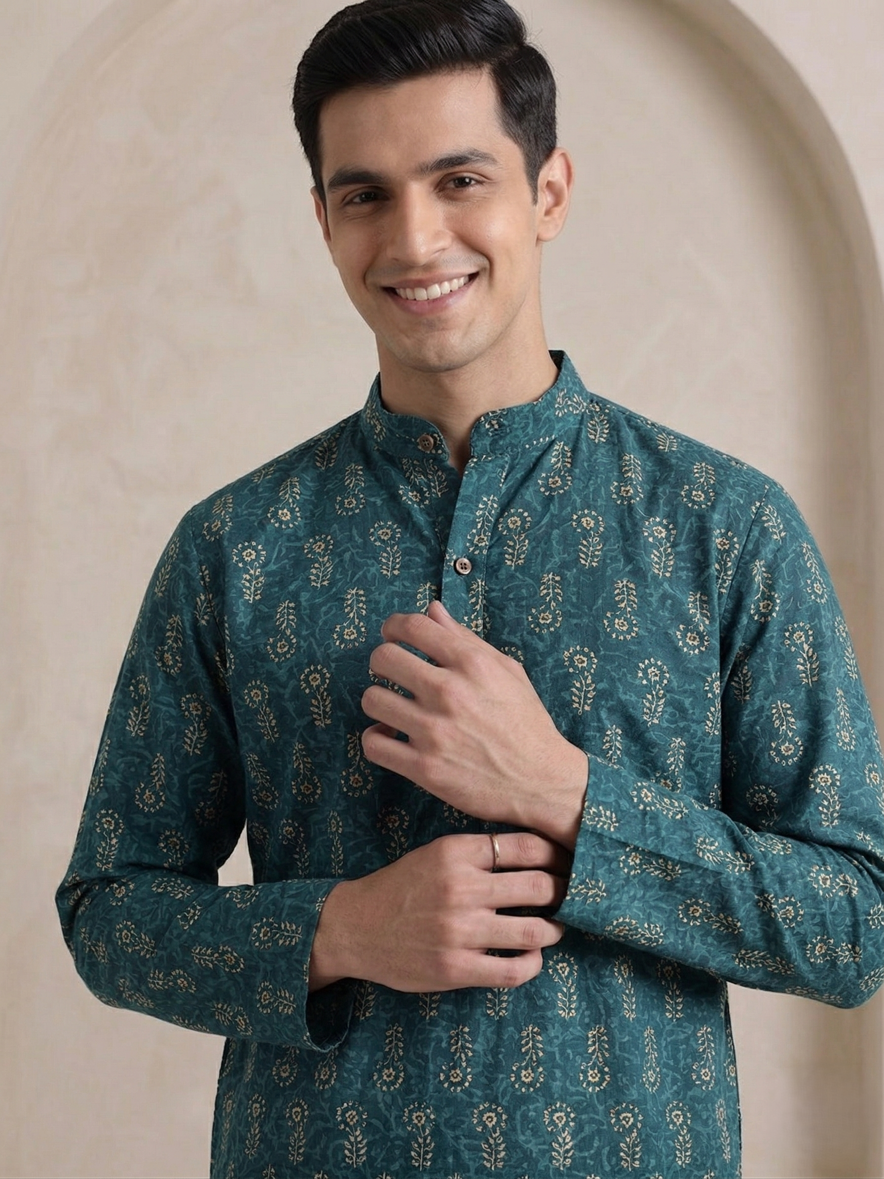 Printed Cotton Men's Kurta Top (Top Only)