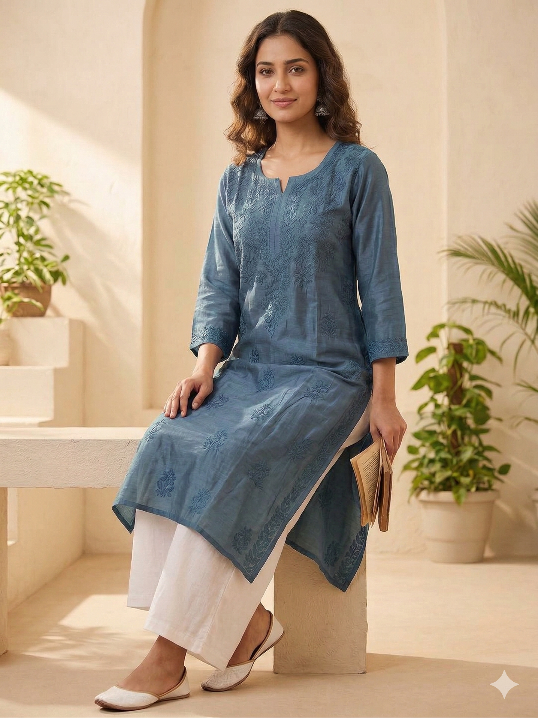 Hand Embroidered Muslin Chikankari Kurti Top ( Top Only)