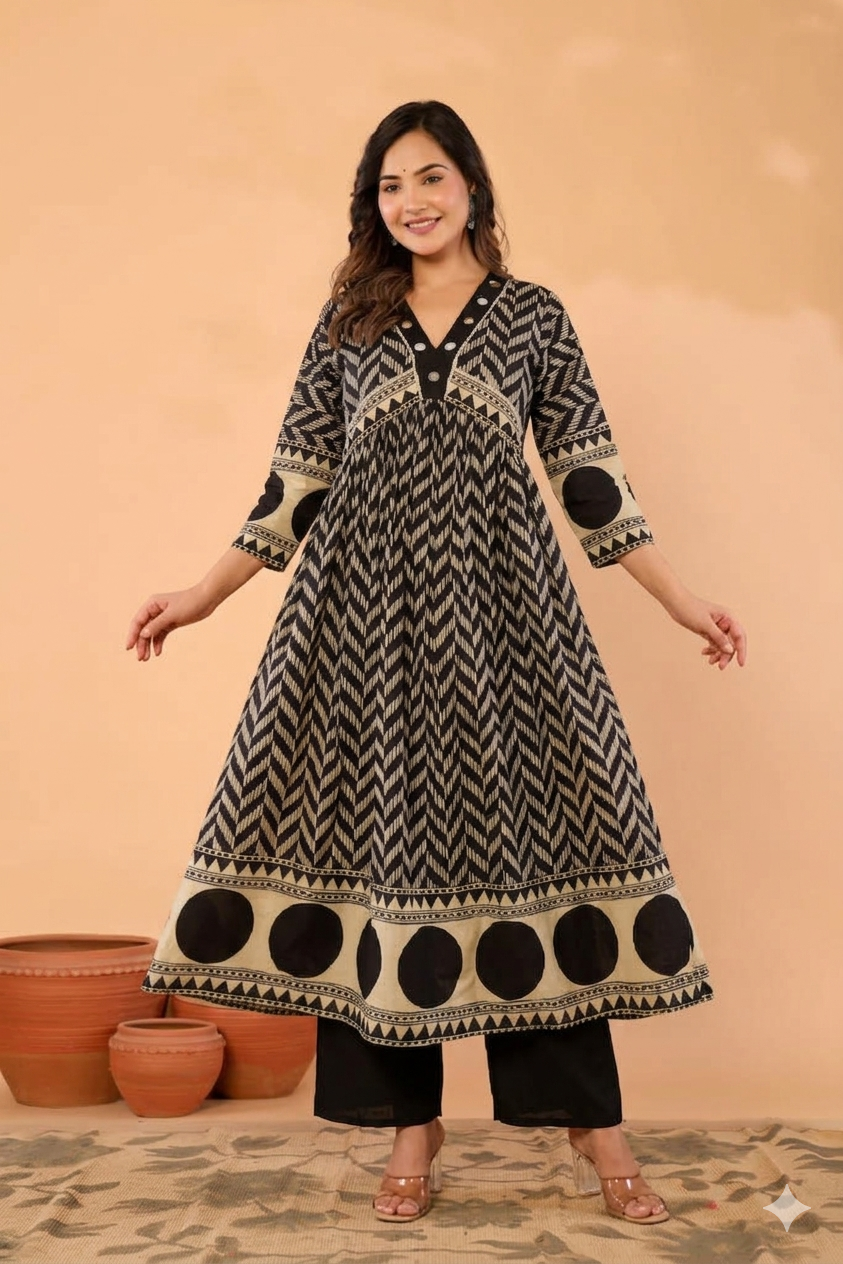 Black Printed Mirror Embroidered Pure Cotton 3Pcs Kurti Set
