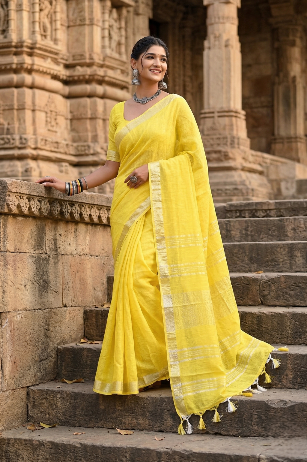 Lemon Yellow Linen Saree With Silver Border & Yellow and white Tassels