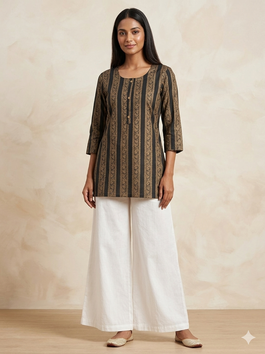 Black Gold foil Printed Cotton Short Kurti Top