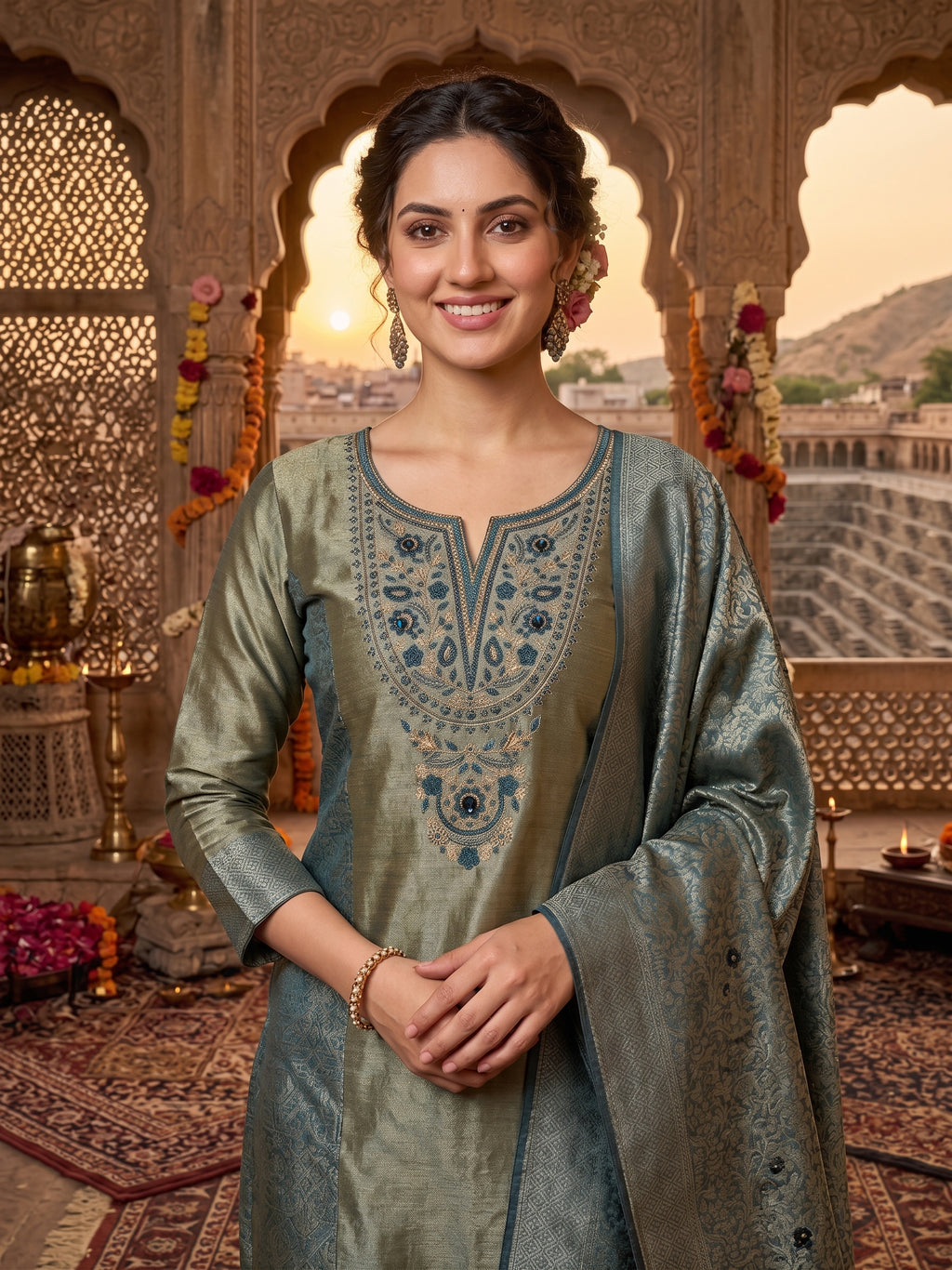 Kanjeevarm Jaquard With Embroidery Kurti Pants Dupatta Set