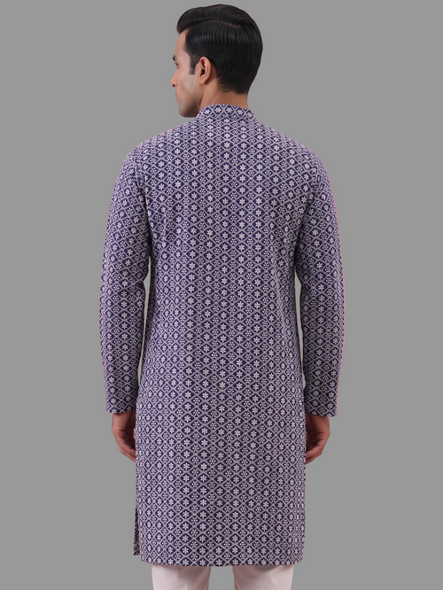Blue White Embroidered Cotton kurta for Men (Top Only)