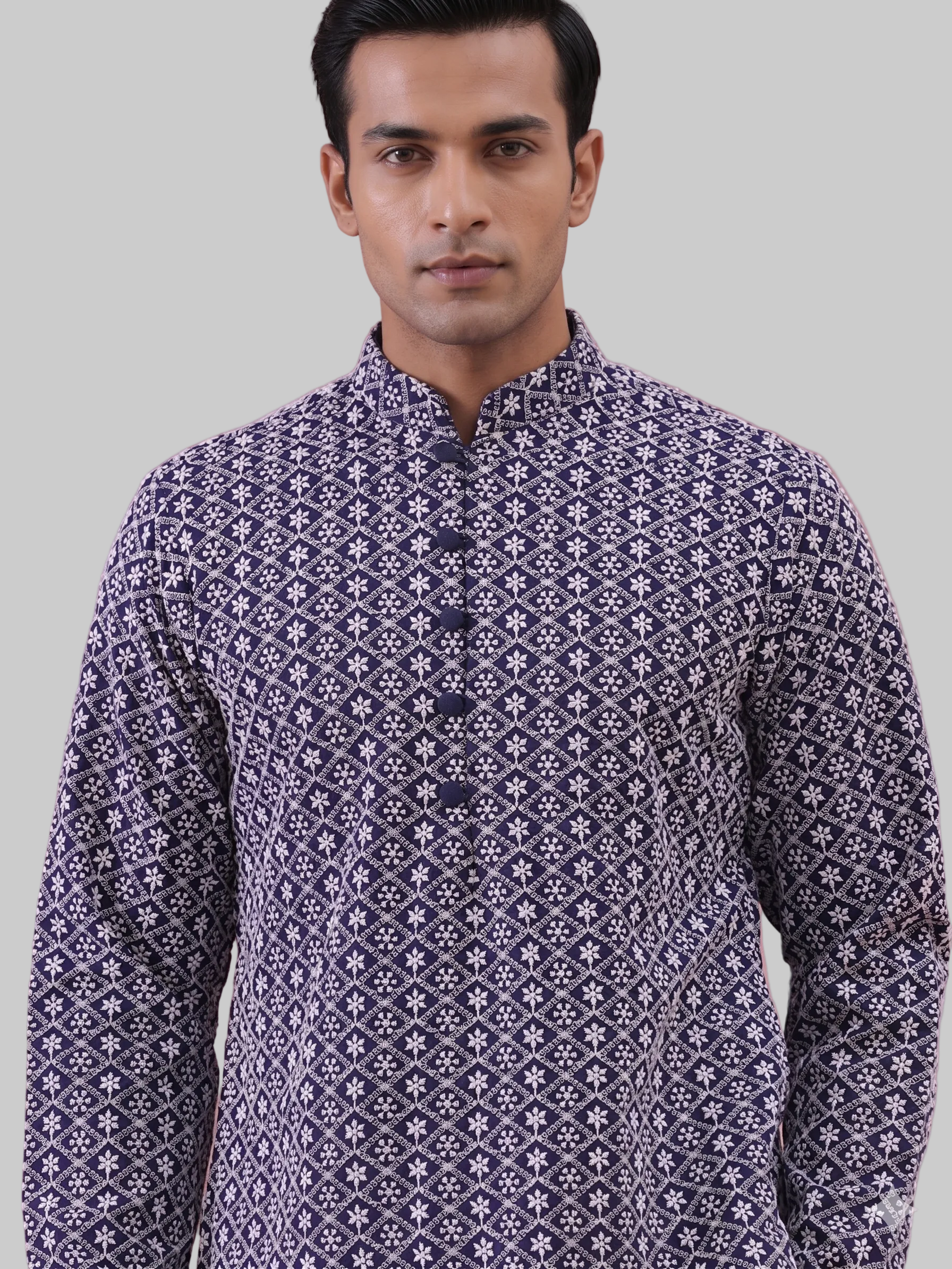 Blue White Embroidered Cotton kurta for Men (Top Only)