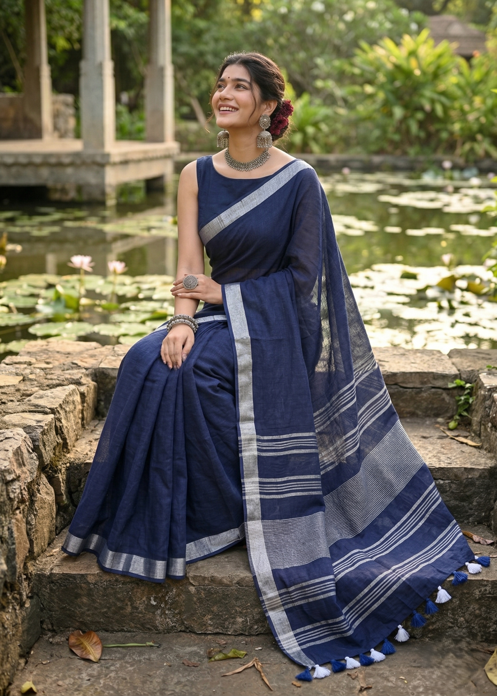 Navy Blue Linen Saree With Silver Border & Blue and white Tassels