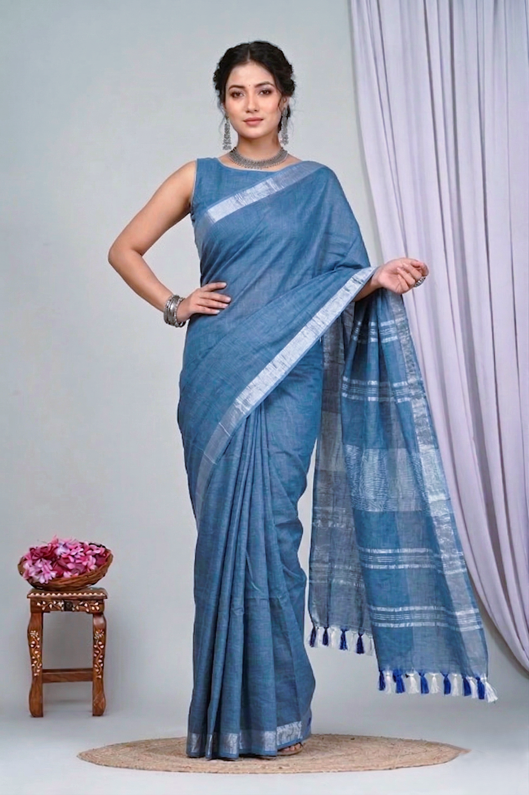 Blue Linen Saree With Silver Border & Blue and white Tassels